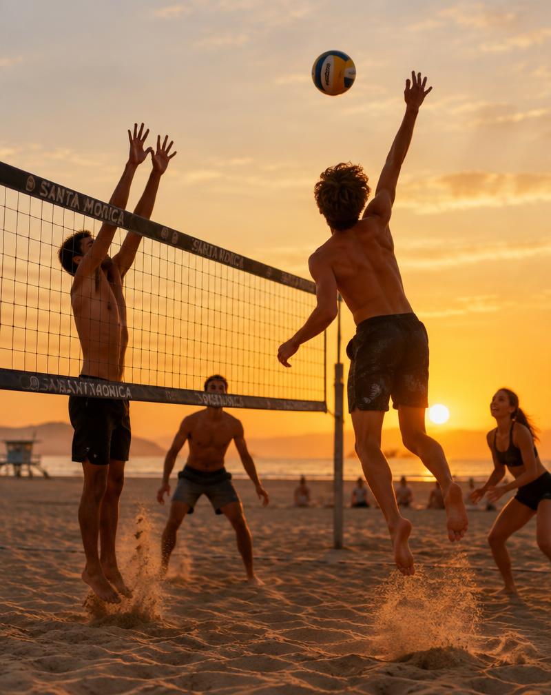 Teenager playing beach volleyball at sunset