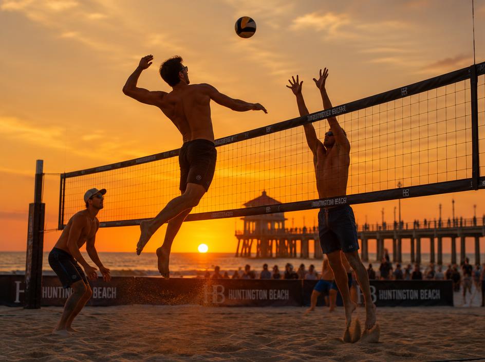 Player spiking over the net at sunset