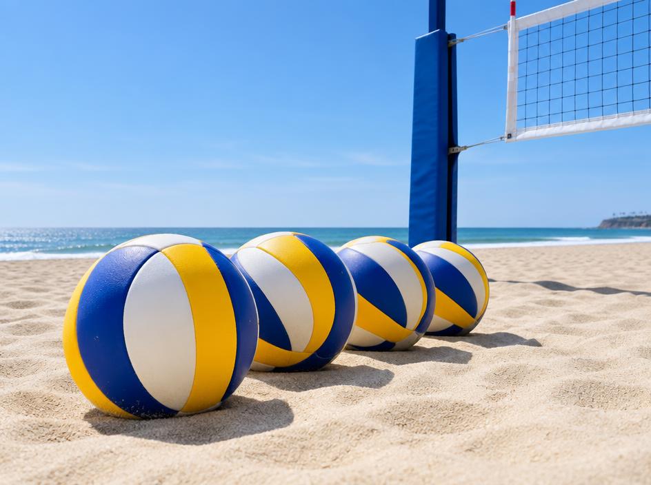 Beach volleyballs lined up beside the net