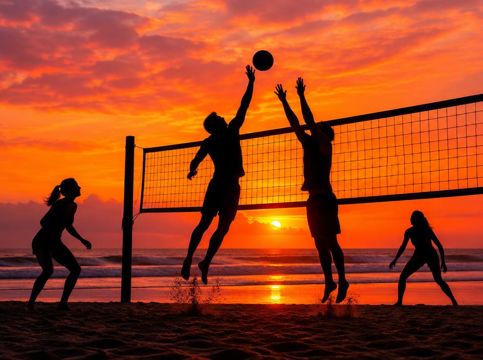 Silhouettes rallying at the net against a sunset sky