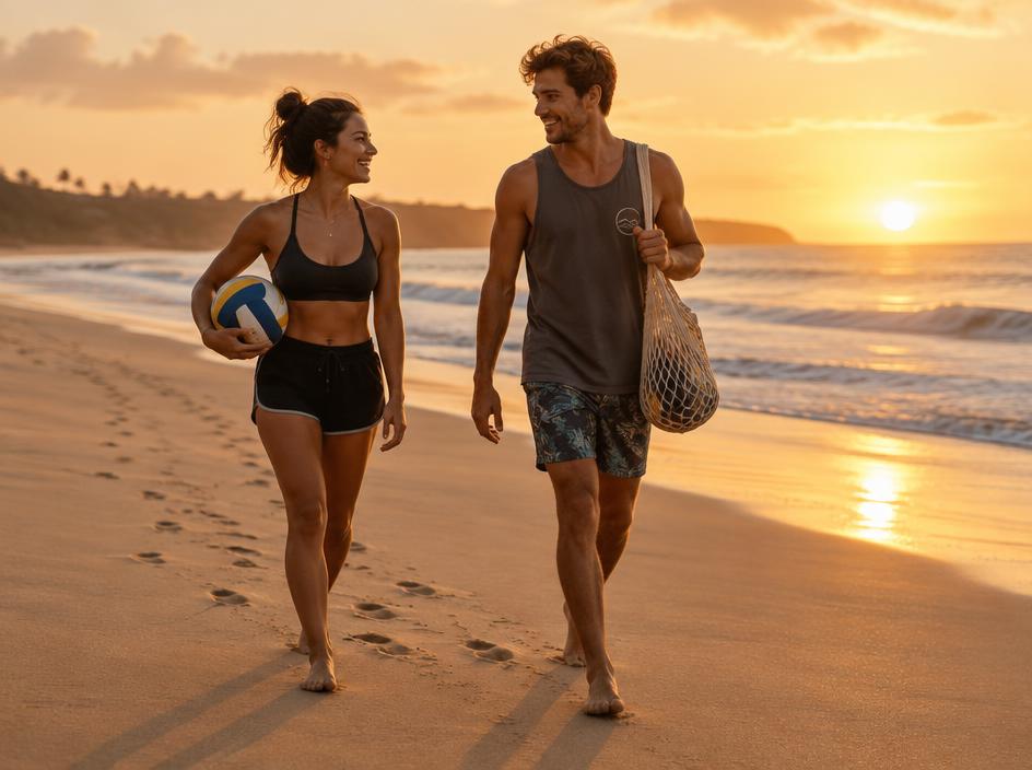Players walking along the beach at golden hour