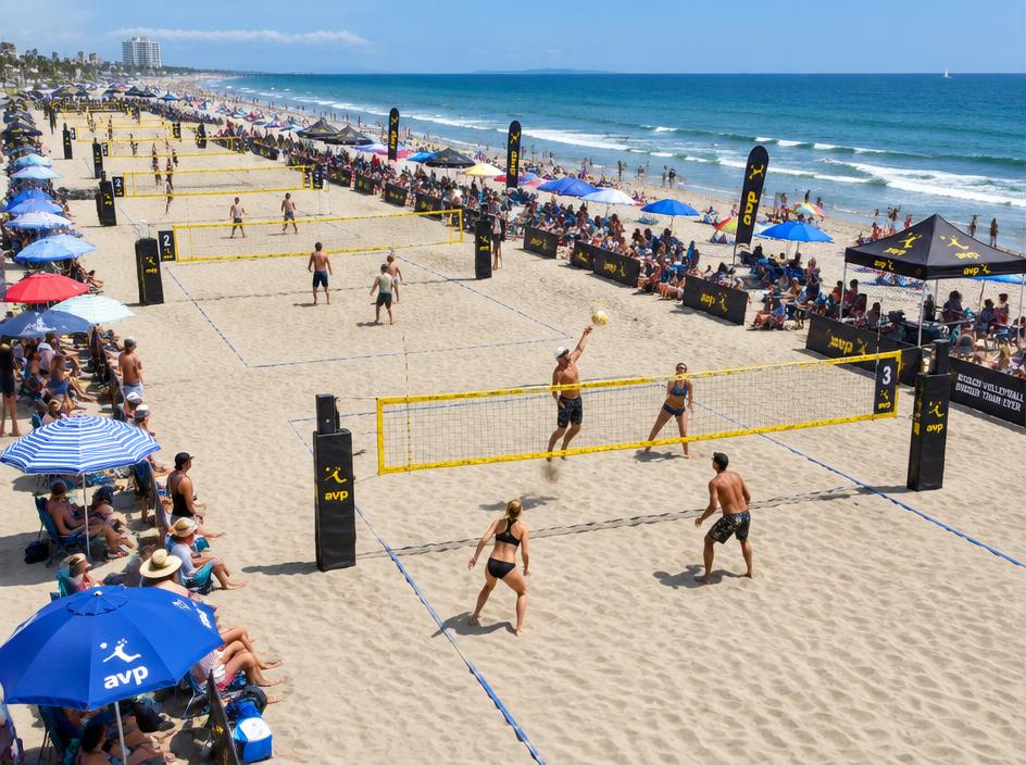 Tournament courts along the beach with spectators