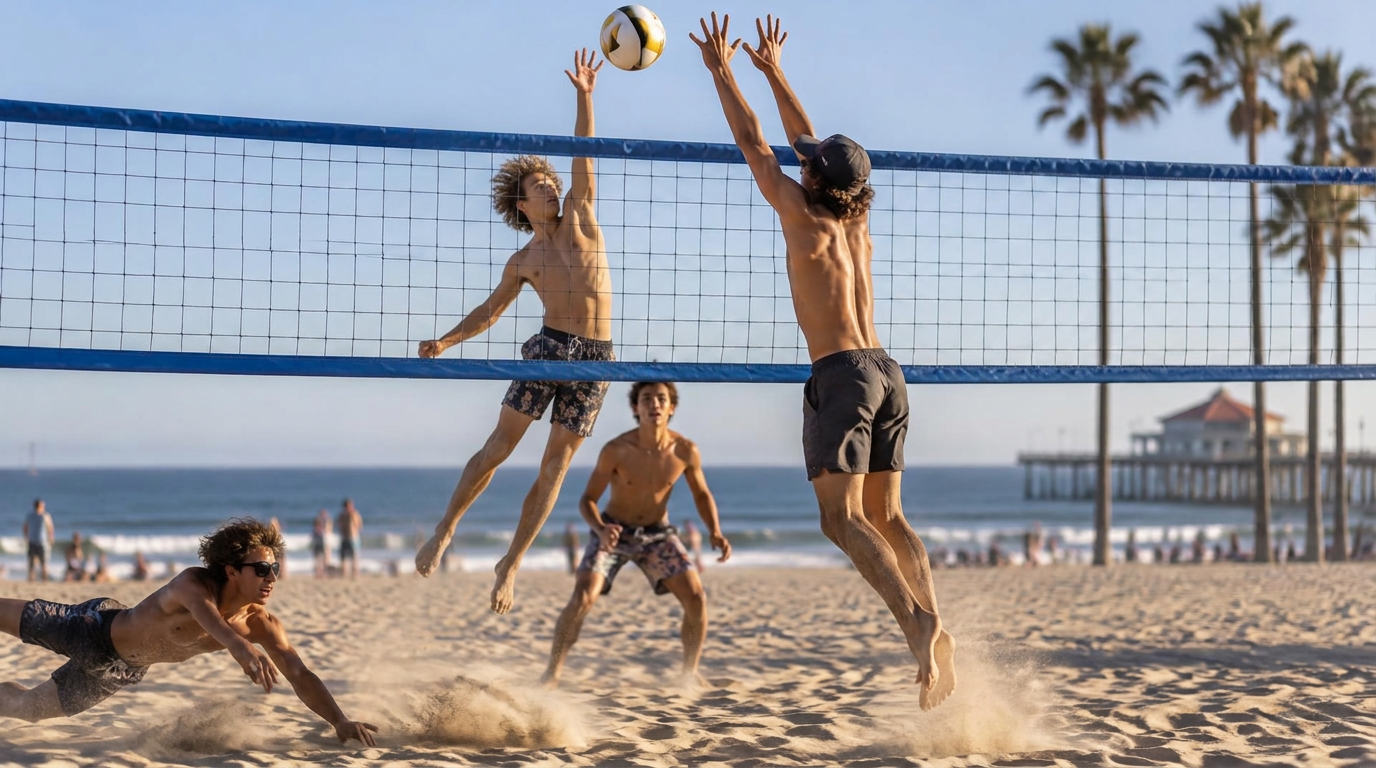 Teenagers playing beach volleyball mid-rally at the net on a Huntington Beach court
