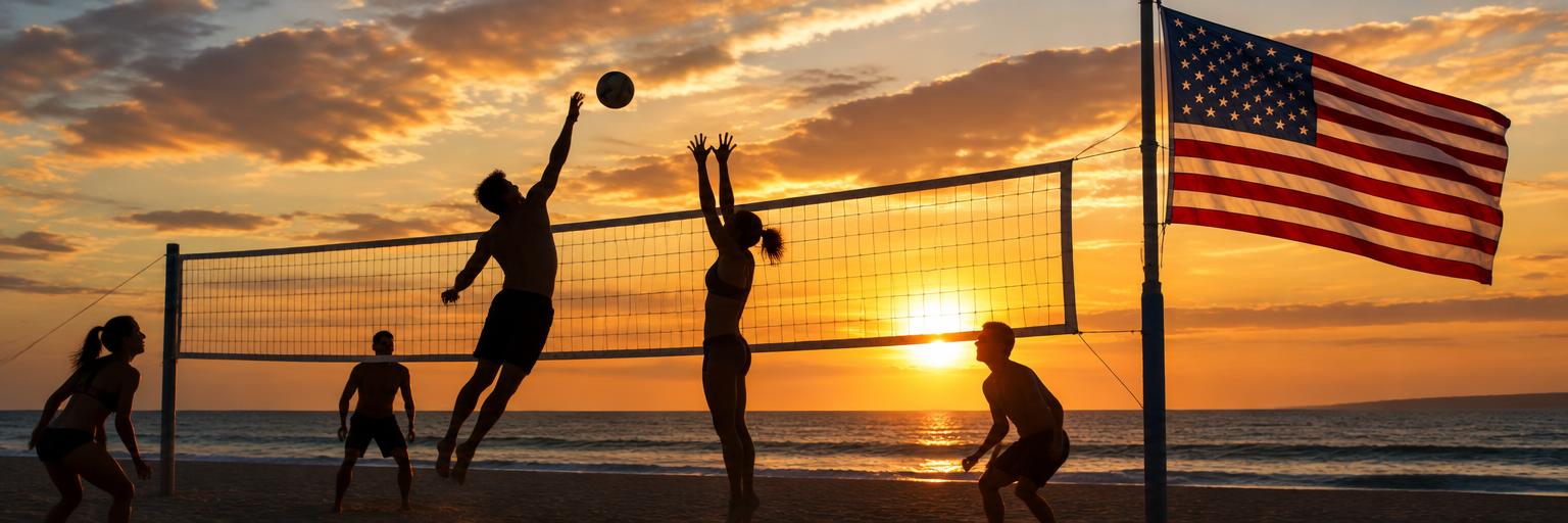 Beach volleyball players at the net with an American flag at sunset